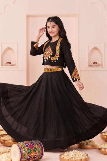 Girls Black Silk Blend Embroidered Lehenga And Choli with Koti For Festive Look