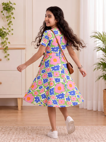 Girls Multicolor Cotton Blend Knee Length Printed Fit and Flared Dress