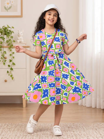 Girls Multicolor Cotton Blend Knee Length Printed Fit and Flared Dress