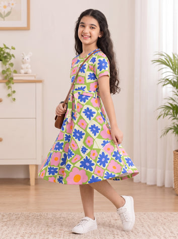 Girls Multicolor Cotton Blend Knee Length Printed Fit and Flared Dress