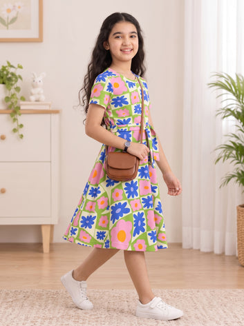 Girls Multicolor Cotton Blend Knee Length Printed Fit and Flared Dress