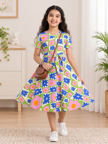 Girls Multicolor Cotton Blend Knee Length Printed Fit and Flared Dress