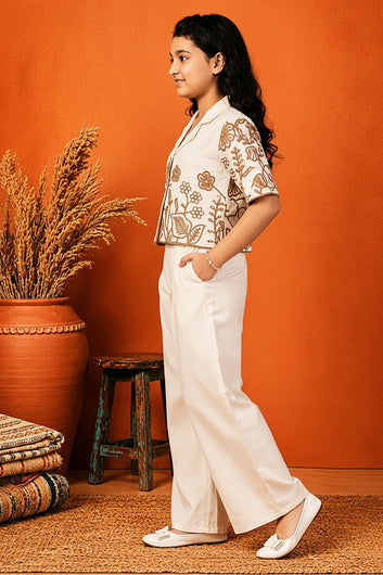 Girls off White Embroidered Shirt and Palazzo Set