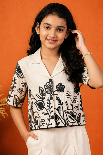 Girls Off white Cotton Blend Embroidered Crop Top and Palazzo Set Girls Co-ords Set