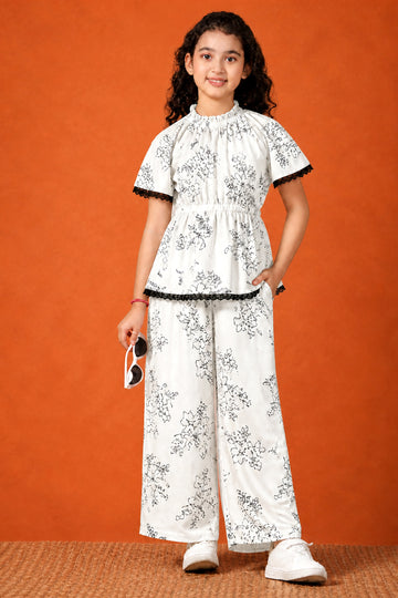Girls Off White Rayon Top And Pant Set