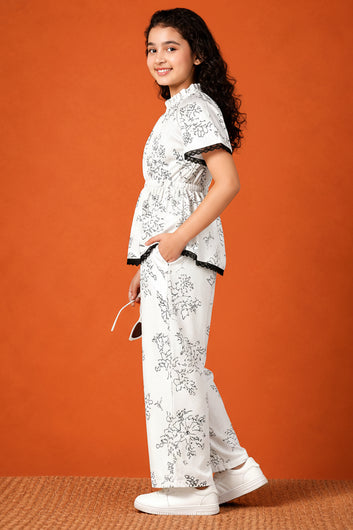 Girls Off White Rayon Top And Pant Set