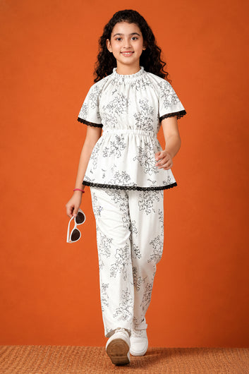 Girls Off White Rayon Top And Pant Set