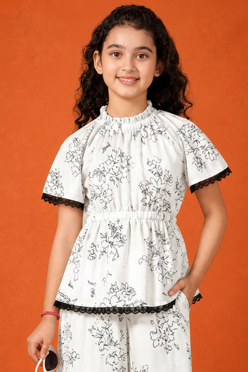 Girls Off White Rayon Top And Pant Set