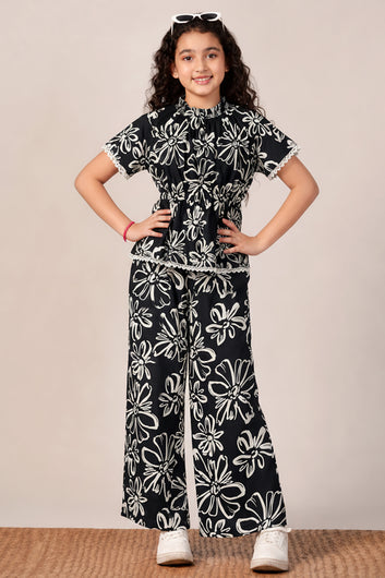 Girls Black Rayon Floral Printed Top And Pant Set