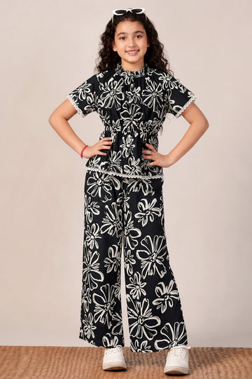Girls Black Rayon Floral Printed Top And Pant Set