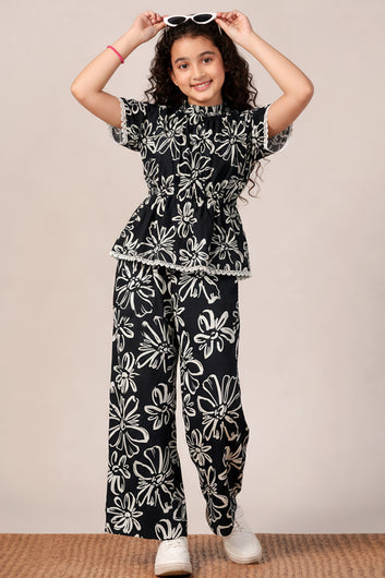 Girls Black Rayon Floral Printed Top And Pant Set