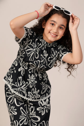 Girls Black Rayon Floral Printed Top And Pant Set