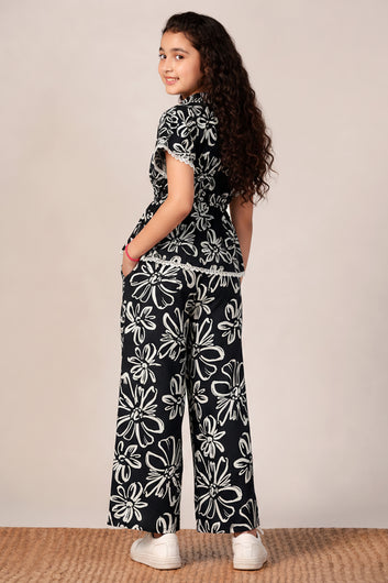 Girls Black Rayon Floral Printed Top And Pant Set