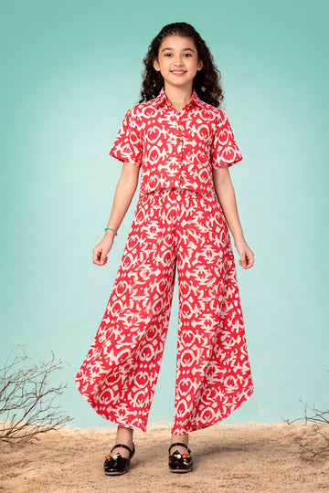 Girls Red Rayon Top And Pant Set
