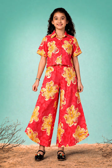 Girls Red Rayon Top And Pant Set