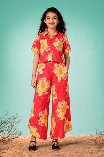 Girls Red Rayon Top And Pant Set