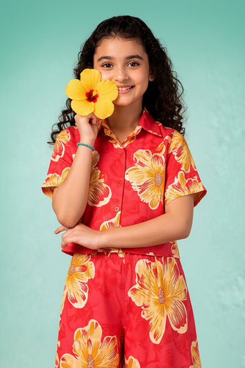 Girls Red Rayon Top And Pant Set