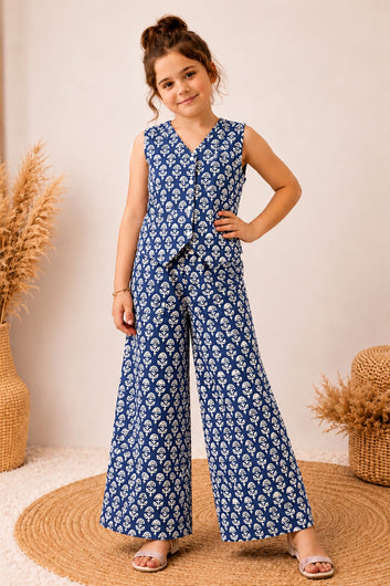 Girls Navy Blue Cotton Blend floral Print Top and Pant Set Trendy Kids Co-Ords Set