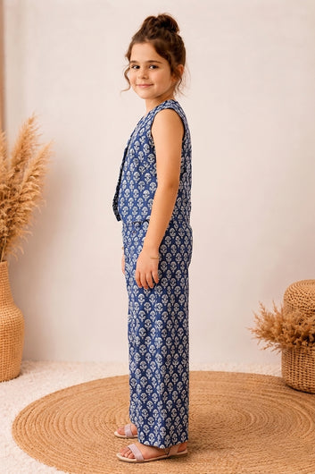 Girls Navy Blue Cotton Blend floral Print Top and Pant Set Trendy Kids Co-Ords Set