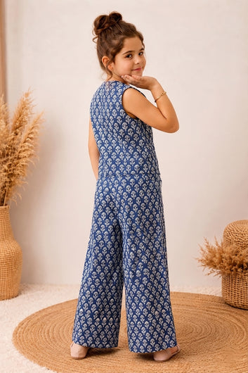 Girls Navy Blue Cotton Blend floral Print Top and Pant Set Trendy Kids Co-Ords Set