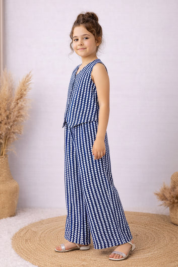 Girls Blue Cotton Top And Pant Set