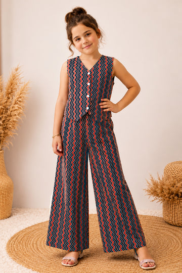 Girls Multicolor Cotton Zig Zag Print Top And Palazzo Set