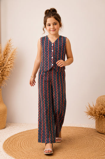 Girls Multicolor Cotton Zig Zag Print Top And Palazzo Set