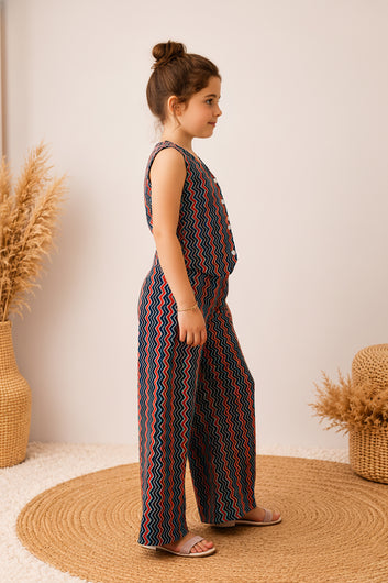 Girls Multicolor Cotton Zig Zag Print Top And Palazzo Set