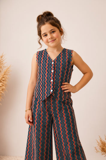 Girls Multicolor Cotton Zig Zag Print Top And Palazzo Set