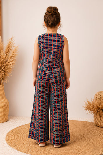 Girls Multicolor Cotton Zig Zag Print Top And Palazzo Set