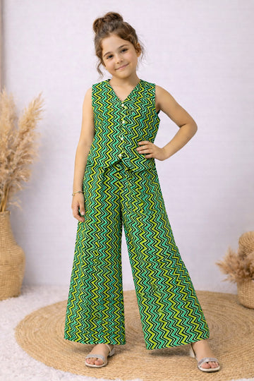 Girls Green Cotton Top And Pant Set