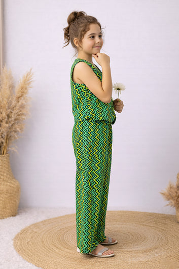 Girls Green Cotton Top And Pant Set