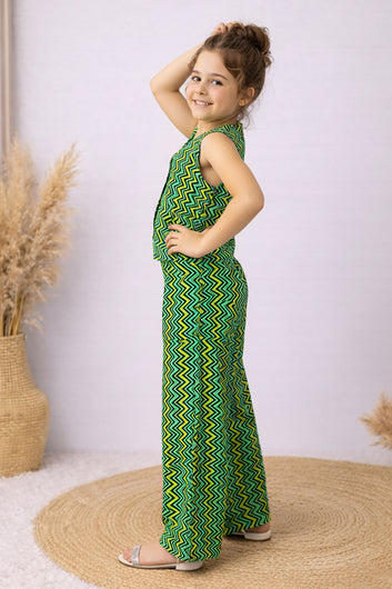 Girls Green Cotton Top And Pant Set