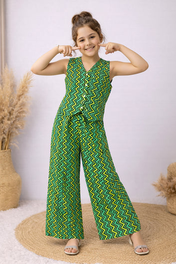 Girls Green Cotton Top And Pant Set