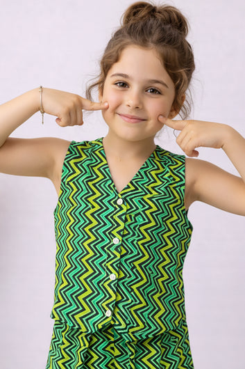 Girls Green Cotton Top And Pant Set