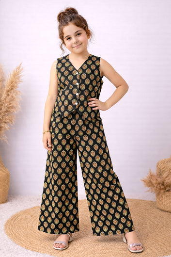Girls Black Cotton Top And Pant Set