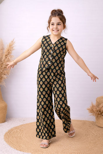 Girls Black Cotton Top And Pant Set