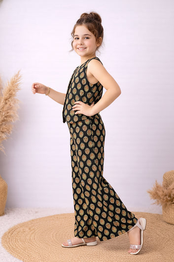 Girls Black Cotton Top And Pant Set