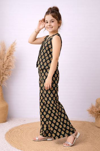 Girls Black Cotton Top And Pant Set