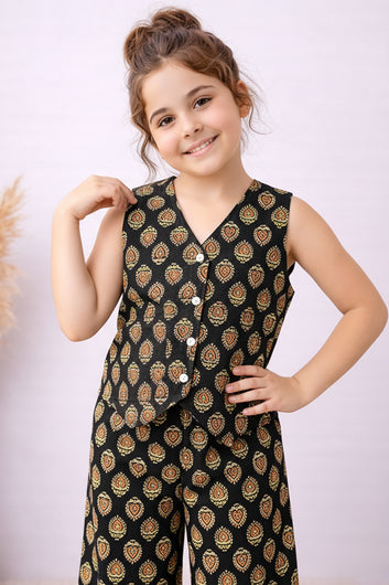 Girls Black Cotton Top And Pant Set