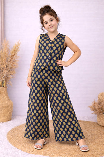 Girls Blue Cotton Top And Pant Set