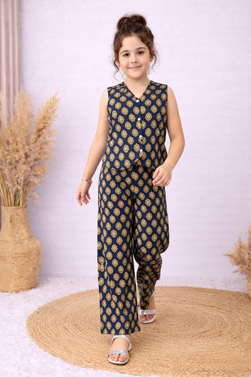 Girls Blue Cotton Top And Pant Set