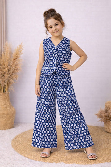 Girls Blue Cotton Top And Pant Set