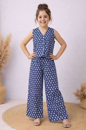 Girls Blue Cotton Top And Pant Set