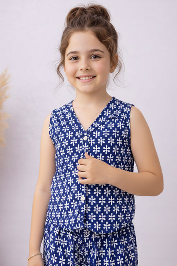 Girls Blue Cotton Top And Pant Set