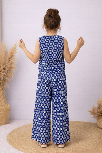 Girls Blue Cotton Top And Pant Set