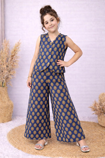 Girls Blue Cotton Top And Pant Set