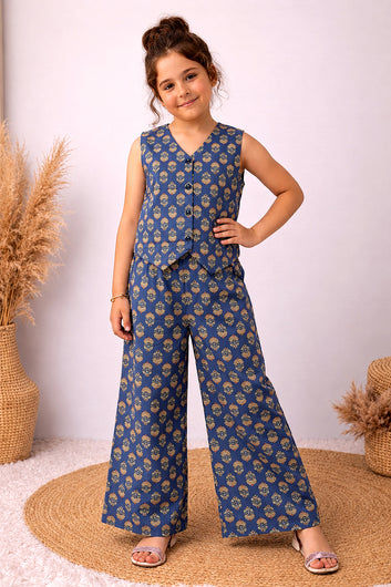 Girls Blue Cotton Top And Pant Set