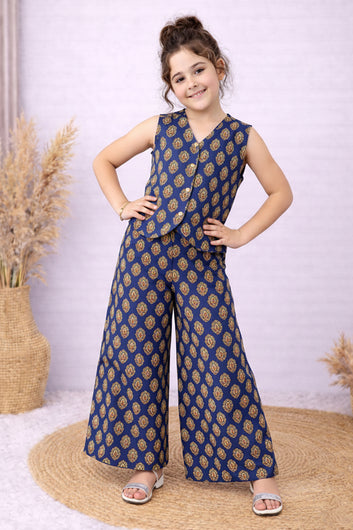 Girls Blue Cotton Top And Pant Set