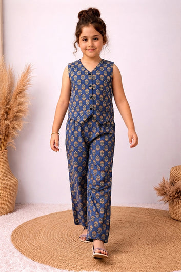Girls Blue Cotton Top And Pant Set